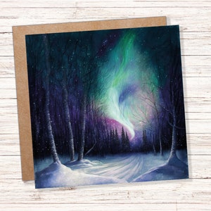 Enchanted Polar Lights Thank You Card Forest Snow Scene Green Purple Aurora Borealis Northern Light Swirl For Family Friends Christmas Card