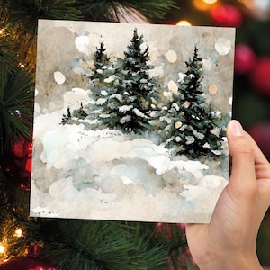 ホワイト クリスマス カード 雪景色 雪に覆われた木々 冬の風景 お祝い 水彩画 家族 友人への挨拶 クリスマス 2025 1、5、10 パック