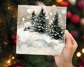 White Christmas Card Snow Scene Snowy Trees Winter Landscape Festive Watercolour Painting Greetings Family Friends Xmas 2023 1, 5, 10 Pack