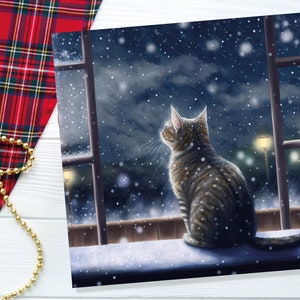 Cat Christmas Card Cute Kitten Watching Snow Fall Tabby Snowy Window Winter Night Scene Falling Whimsical Greetings Family Friends Xmas 2023 image 6