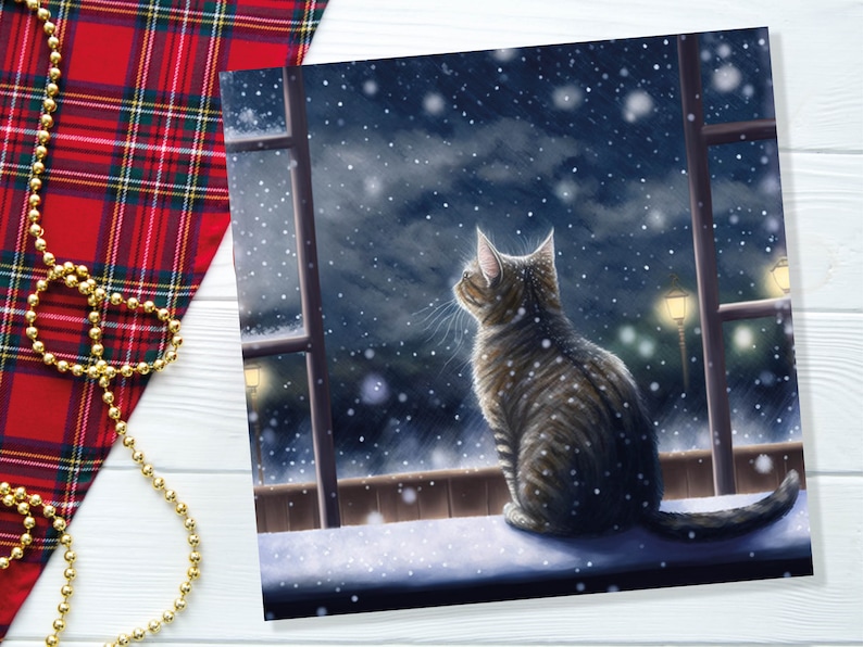 Cat Christmas Card Cute Kitten Watching Snow Fall Tabby Snowy Window Winter Night Scene Falling Whimsical Greetings Family Friends Xmas 2023 image 6