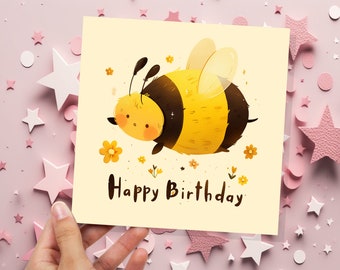Biglietto di auguri di buon compleanno con ape, cartone animato, bombo, fiori, toni del miele, design per bambini estivi, amanti delle api, clima, natura, fauna selvatica, insetti