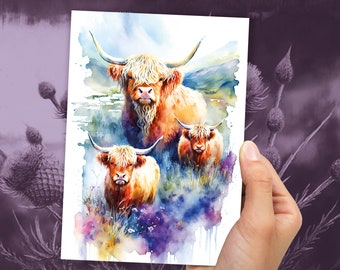 Cartão de aquarela com vacas das Terras Altas, cartões de felicitações para a família, dia das mães, dia dos pais, aniversário, verão escocês, montanhas, flores silvestres, vaca