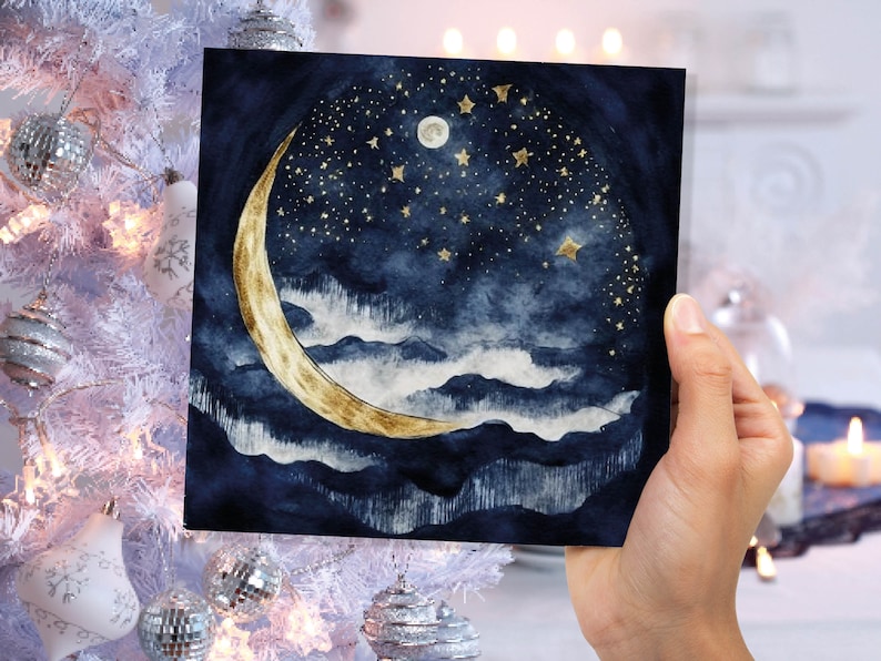 May include: A watercolour painting of a crescent moon with gold accents against a dark blue night sky with white clouds and gold stars.