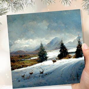 Verschneite Winter verschneite Landschaft Schottland Einzigartige Hirsch Schnee Malerei Traditionelle Grußkarten Familie Freunde Weihnachten 2025 Danke