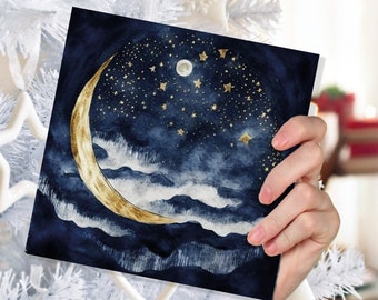 Crescent Moon Greeting Card Prussian Blue and Gold Watercolour Night Sky Stars Beautiful Sea Ocean Waves Greetings Cards for Family Friends