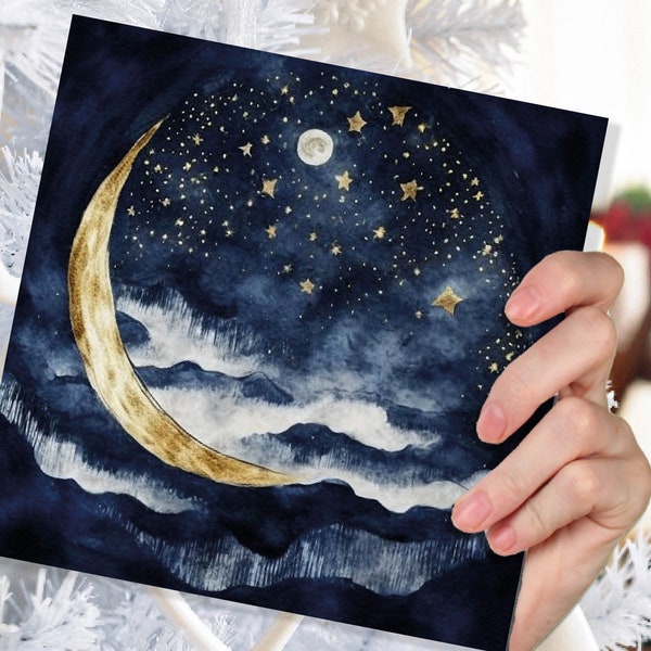 Crescent Moon Greeting Card Prussian Blue and Gold Watercolour Night Sky Stars Beautiful Sea Ocean Waves Greetings Cards for Family Friends