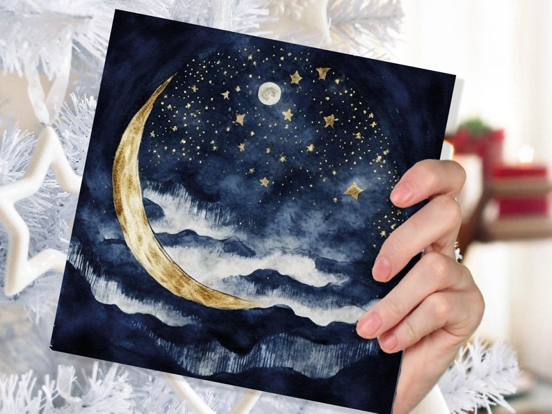 May include: A watercolour painting of a crescent moon with gold accents against a dark blue night sky with white clouds and gold stars.