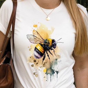 Honey Bee T-Shirt Messy Watercolour Summer Tee Painting Bumble Bees Nature Insect Eco-Friendly Sustainable Springtime Gift for Women Her