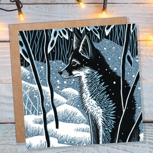 Wintervos Wenskaart Linosnede Bos Illustratie Blauw Wit Zwart Besneeuwde Scène Landschapsgroet Voor familie Vrienden Kerstmis Bedankt