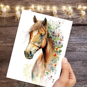 Aquarel kaart paard met bloemen Kastanjezuring Horsey Pony Paardrijden Huisdier verlies Sympathie Verjaardagskaarten voor vrienden en familie