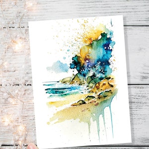 Biglietti di auguri per la spiaggia Acquerello Dipinto astratto Oceano Costiero Ispirato Nautico Mare Amante del mare Saluti Qualsiasi occasione Pensando a te BFF