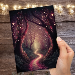 Jardim mágico com luzes místicas e caprichosas, cartão de felicitações para esposa, namorada, querida, aniversário de um mês, luzes de fadas românticas