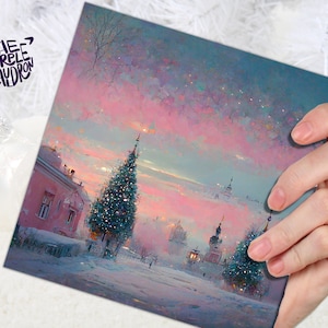 Pastelkleurige kerstkaart Zachte grillige impressionistische sneeuwscène in roze en blauwtinten van 1, 5 of 10 stuks familie vrienden kerstmis 2025