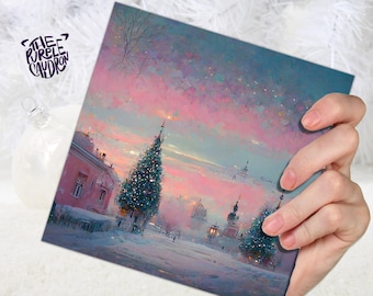 Biglietto di auguri natalizio dai toni pastello, delicato e fantasioso, in stile impressionista, con paesaggio innevato nelle sfumature di rosa e blu. Confezione da 1, 5 o 10 pezzi. Auguri a familiari e amici per Natale 2026.