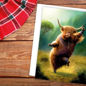 Mucca delle Highland che colpisce l'aria Carta della danza della vittoria per il nuovo lavoro Congratulazioni Laurea Ben fatto Congratulazioni Festeggia la corsa scozzese Mucca delle Highlands