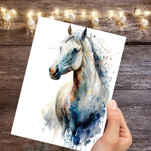 "Aquarell weißes Pferd Karte galoppierendes Pony Pony ""Reiten"" Reiten Rennen Haustier Verlust Sympathie Geburtstags-Grußkarten für Familie und Freunde."