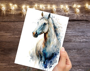 Watercolour White Horse Card Galloping Horsey Pony Equestrian Riding Racing Pet Loss Sympathy Birthday Greeting Cards for Family & Friends