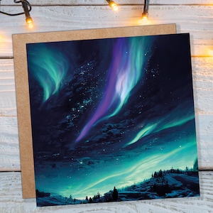 Carte de Noël d'aurores boréales, scène de neige, vert violet sarcelle, aurore boréale, ciel polaire, nuit d'hiver étoilée, cartes de Noël pour les amis de la famille, 2025