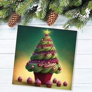 Carte de sapin de Noël Cupcake Gâteau féerique avec glaçage vert Carte de voeux de Noël saupoudré de rose pour les boulangers pâtissants en famille, amis 2025