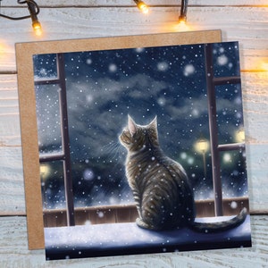 Cat Christmas Card Cute Kitten Watching Snow Fall Tabby Snowy Window Winter Night Scene Falling Whimsical Greetings Family Friends Xmas 2023 image 2