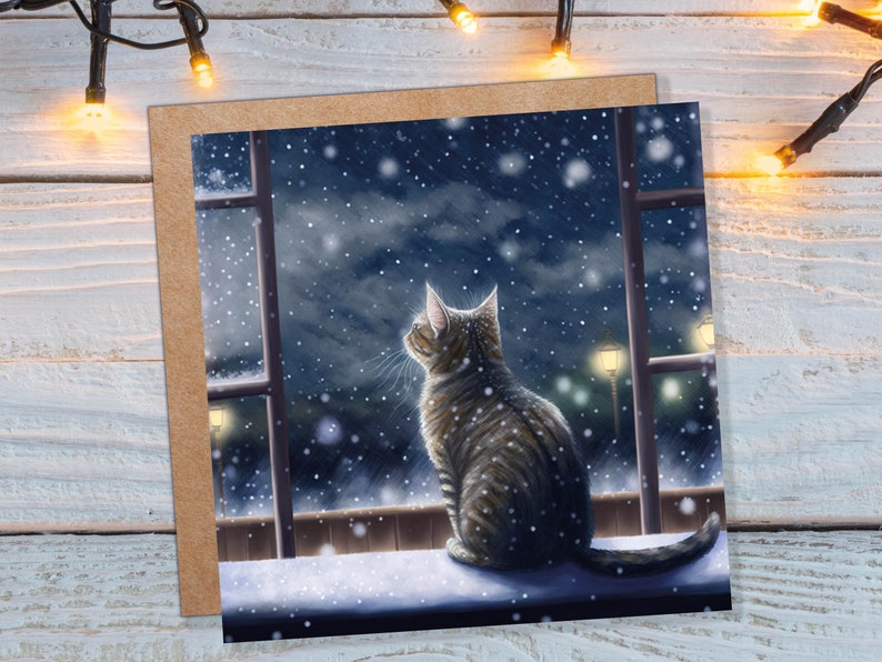 Cat Christmas Card Cute Kitten Watching Snow Fall Tabby Snowy Window Winter Night Scene Falling Whimsical Greetings Family Friends Xmas 2023 image 2