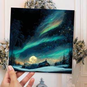 Aurora Borealis Card Northern Lights Moon Glowing Winter Sky Impressionist Painting Snow Scene Christmas Thank You Cards For Family Friends