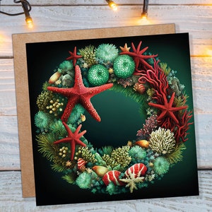 Koraalrif kerstkaart grappige feestelijke krans woordspeling zeester zeewier zee-egels rood groen wenskaarten voor familie vrienden kerstmis 2025