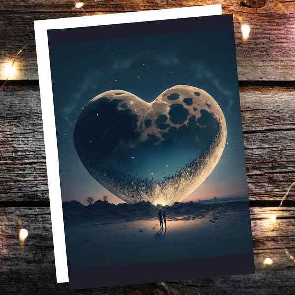 Lovers Under A Heart-Shaped Moon In A Starry Night Greeting Card Romantic for Couples Her Wife Girlfriend Babe Darling Anniversary Monthsary