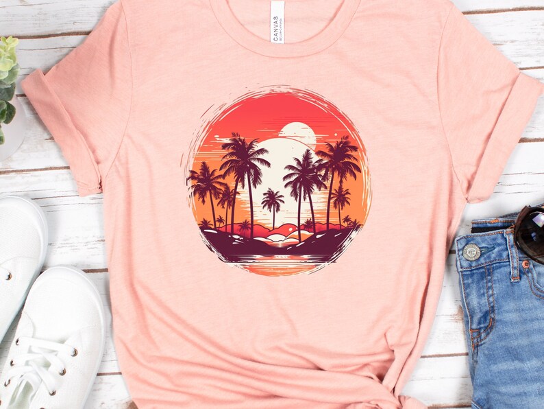Retro Tropical Tshirt Paradise Vintage Sunset Chaser Tee Nostalgic Travel Gift Summer Vibes Summery Palm Trees Hawaii Women's Beach Shirt image 3