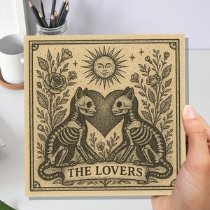 Lovers Tarot Skeleton Cat Card | Gothic Witchy Anniversary Valentine Gift | Dark Romance Art | Unique Macabre Love Illustration Witchcore image 7