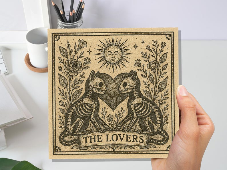 Lovers Tarot Skeleton Cat Card | Gothic Witchy Anniversary Valentine Gift | Dark Romance Art | Unique Macabre Love Illustration Witchcore image 7