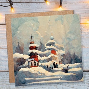 Tarjeta con escena de nieve invernal, pintura impresionista con árboles, paisaje de un día de invierno, tarjetas de felicitación para familiares y amigos, Navidad 2025, agradecimiento