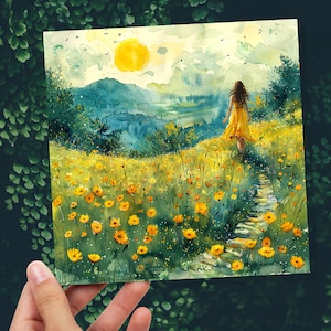 Tarjeta de prado de verano, paisaje tranquilo, pintura de acuarela, flores silvestres, campos, mujer caminando, escena alegre de la naturaleza, libertad, divorcio, viajes