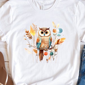 Cute Folk Art Owl Shirt Botanical Patchwork Bird T-Shirt Neutral Owl Lovers Gift for Her Floral Ornithologist Tee Sustainable Organic Cotton