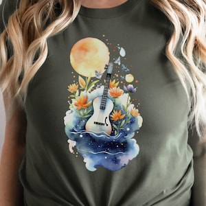 Guitar Shirt Whimsical Watercolour Moon Tee Floral Flowers Music Nature Lovers Artistic Cute Celestial T-Shirt Gift for Musicians Guitarists