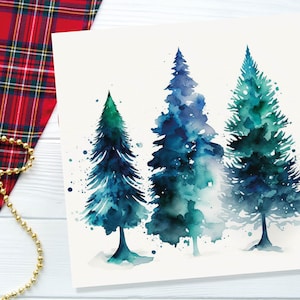 Blauwe en groene aquarel kerstbomen kaart moderne elegante Pruisische dennenboom rommelig schilderij wenskaarten voor familie vrienden kerstmis 2025