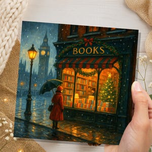 London Christmas Bookshop Card Big Ben Snow Scene Winter City Night Cosy Bookstore Painting Vintage for Book Lover Friends Family Xmas 2026