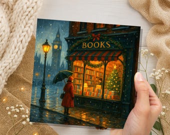 May include: A painting of a bookstore at night during a snowfall. The store has a red and green awning and the word "BOOKS" above the window. A person in a red coat and hat stands under an umbrella, looking at the store.
