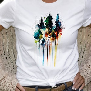 Watercolour Abstract Trees Painting Colourful Messy Loose Vibrant Colours Fir Tree Rainbow Nature Art Artists Gift Unisex Softstyle T-Shirt