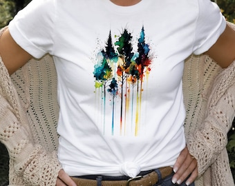Watercolour Abstract Trees Painting Colourful Messy Loose Vibrant Colours Fir Tree Rainbow Nature Art Artists Gift Unisex Softstyle T-Shirt