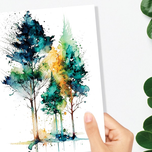 Minimal Watercolor Forest Card Nature Lover Abstract Trees Woodland Painting Greeting Cards Any Occasion Thinking of You Thanks Just Because