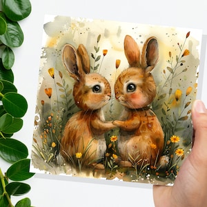 Cartão de aniversário de coelho, casal de coelhos fofos apaixonados, melhores amigos, relacionamento, natureza, flores, amizade, apoio, casamento, noivado