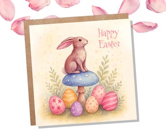 Pastel Easter Bunny Card Sitting on a Toadstool with Decorated Eggs Cute Sustainable Greetings Spring Illustration Mushroom Art New for 2026
