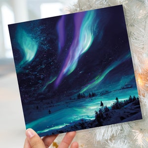 Carte paysage magique, aurores boréales, aurores boréales glaciales, scène de neige scintillante, cartes galaxie pour la famille, amis, Noël, merci