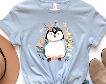 Pinguin Shirt Blumen Illustration blau rosa T-shirt Pinguin Liebhaber Geschenk Boho Natur Shirt für sie Sommer Winter entzückende Grafik Tee