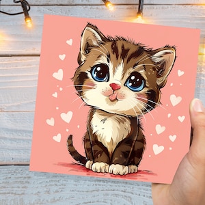 Jolie carte de chaton pour les amoureux des chats, anniversaires, cartes de remerciement, chat tigré, animaux de compagnie, fans, amis, propriétaires de la famille, salutations pour la Saint-Valentin, je pense à vous
