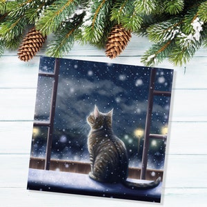 Cat Christmas Card Cute Kitten Watching Snow Fall Tabby Snowy Window Winter Night Scene Falling Whimsical Greetings Family Friends Xmas 2023 image 5