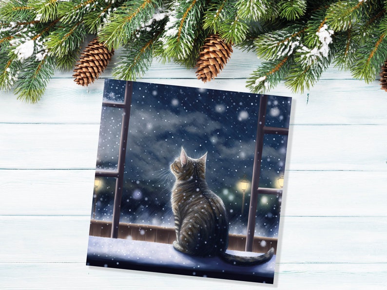 Cat Christmas Card Cute Kitten Watching Snow Fall Tabby Snowy Window Winter Night Scene Falling Whimsical Greetings Family Friends Xmas 2023 image 5