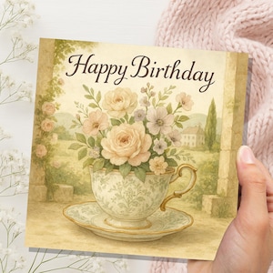Cartão de aniversário Chateaucore, rosas florais vintage em formato de xícara de chá, Cottagecore, flores em aquarela, chá de jardim, presente elegante e bonito para amigas e mães no Reino Unido